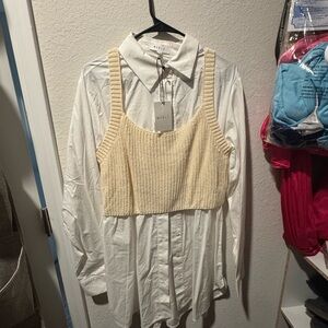 Cream Knit Crop Top Over White Shirt Dress